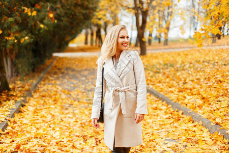穿着时尚经典大衣的漂亮时装女孩秋天在黄叶附近图片