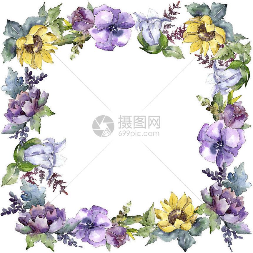 水彩花束卉植物花框架边框装饰广场植物全名图片