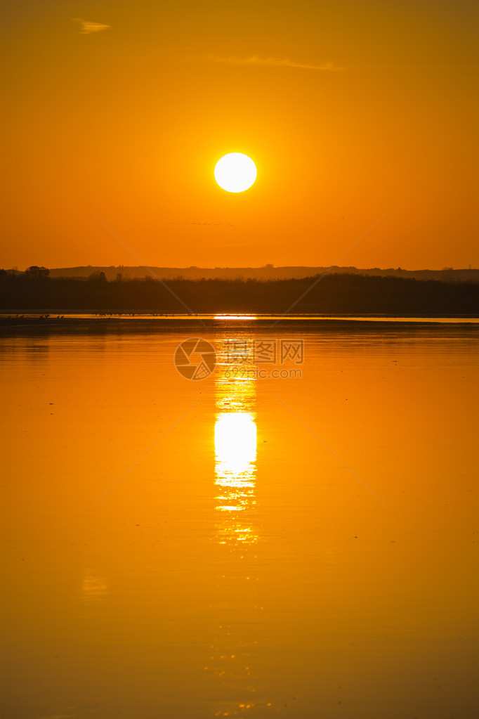 河上平静水域的金橙色日落图片