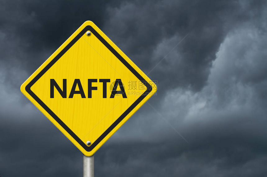 北美自由贸易协定黄色警告路标图片