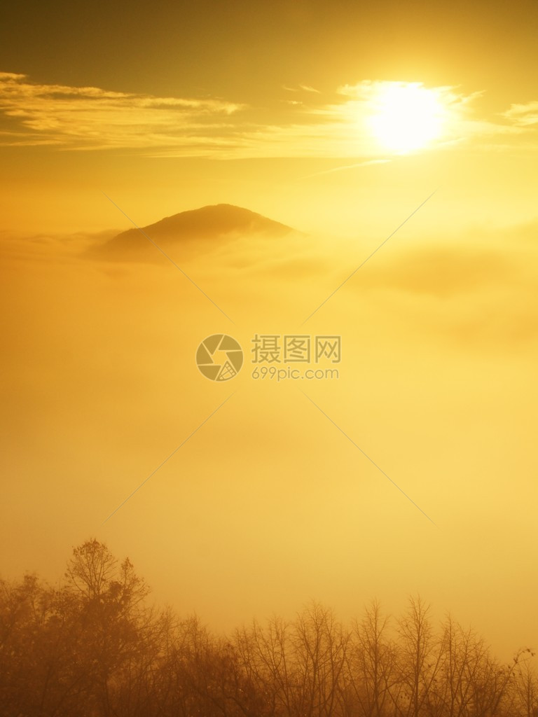 景观中的壮丽浓雾在农村的秋天顽固的日出山从雾中增加图片