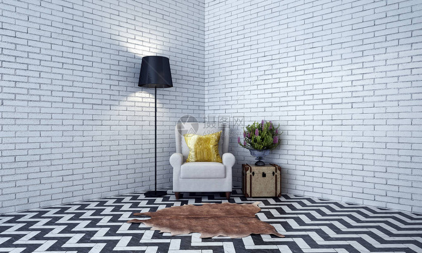 3D提供休息椅起居室和砖图片