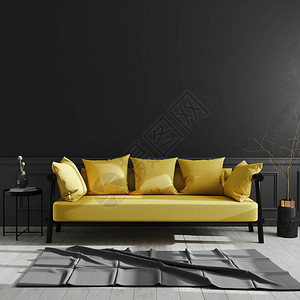 深色内部配有黄色沙发模型豪华现代内部背景黑墙斯堪的纳维亚风格图片