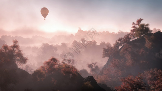 空中气球在山地上飞翔秋天的森图片