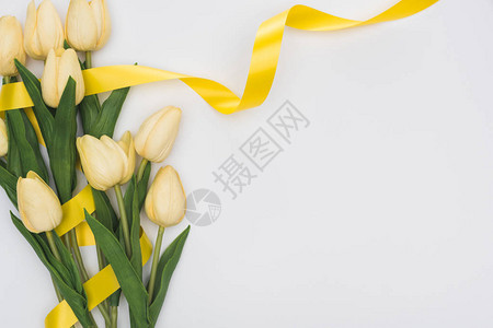 郁金香和黄丝带在白色上隔离的顶视图图片