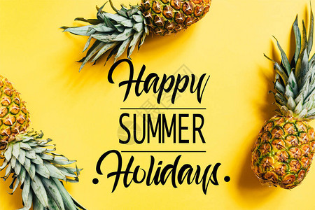 黄背景的新鲜美味菠萝和快乐的暑假插图图片