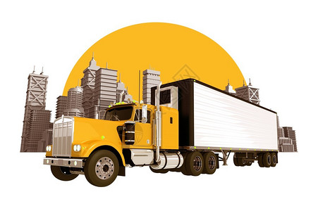 货运行业天际线黄色半卡车城市天际线和大黄色太阳隔离在白色3背景图片