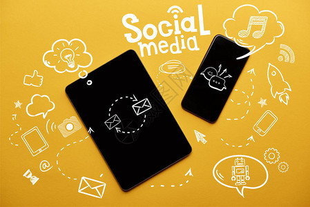 以黄色背景的社交媒体插图显示数字平板电脑和智能图片