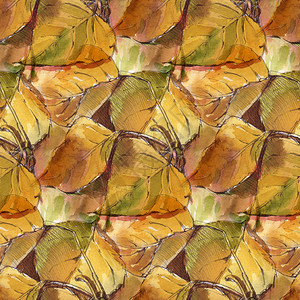 秋天黄叶的无缝图案水彩插图图片