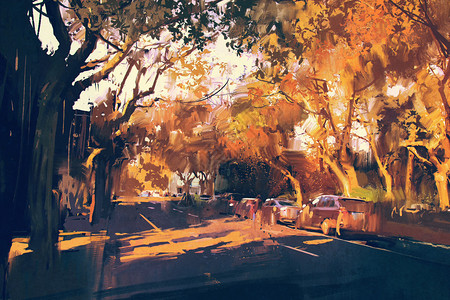 秋天的城市街道风景画图片