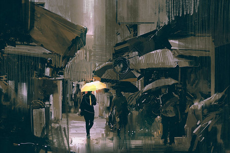 在雨天的市区小巷里走着带着数字艺术风格插图画的黄图片