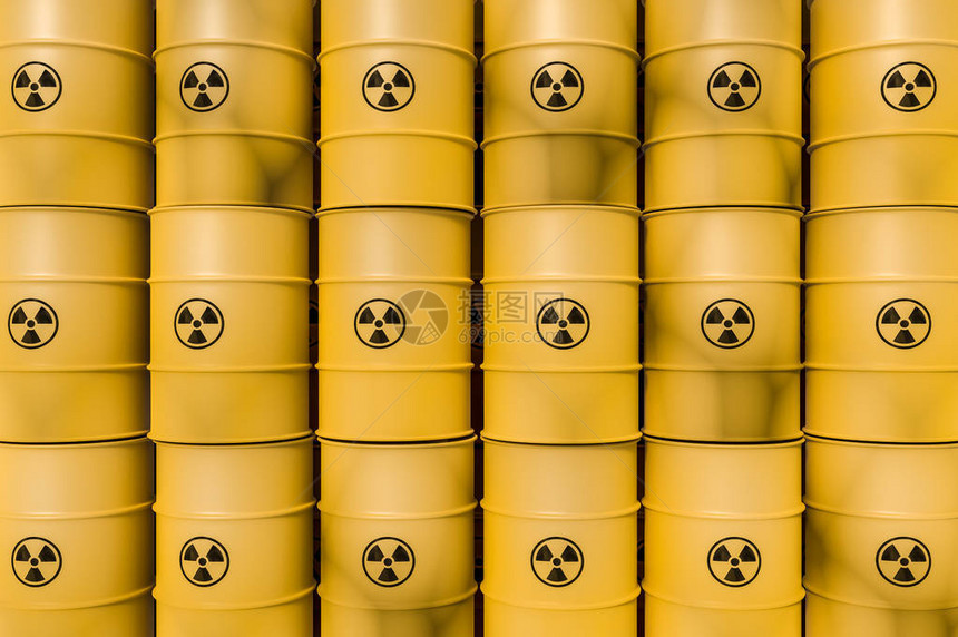 黄放射废料桶核废料倾弃概念3D就图片