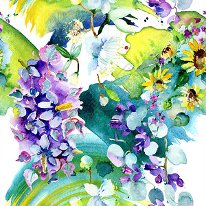 花束卉植物花水彩背景插图集水彩画时尚水彩画孤立无缝背景图案织物背景图片