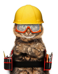 白色背景上带工具和头盔的工匠猫背景图片