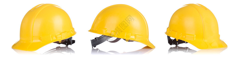 一组黄色安全头盔白色背景图片