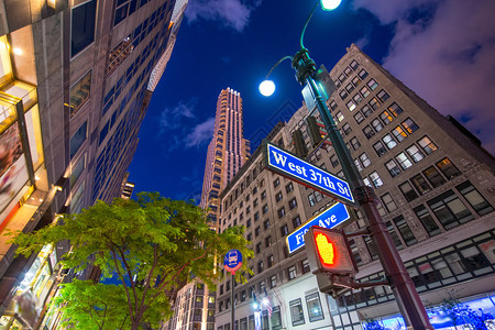第五大道街牌在晚上曼哈顿的建筑图片