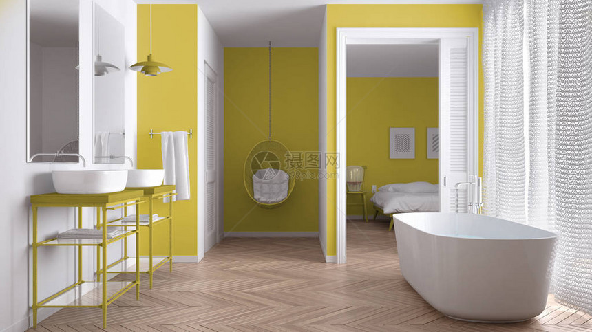 简约的白色和黄色斯堪的纳维亚浴室图片