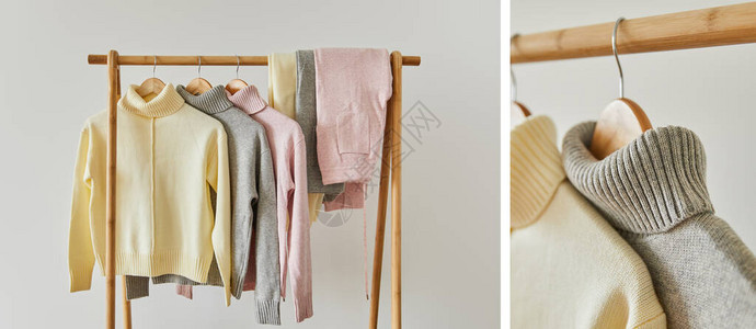 灰色粉红色和蜜蜂编织的柔软毛衣和挂在白色被孤立的木图片