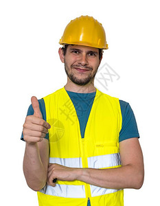 笑的工人举起大拇指手势孤立图片
