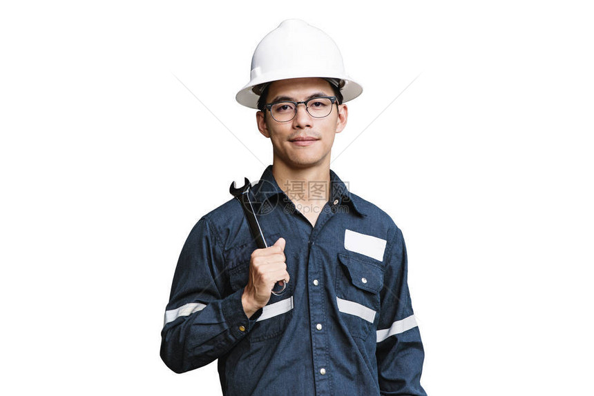 亚洲男子工程师或技术员身穿白色头盔眼镜和蓝色工作衬衫套装图片