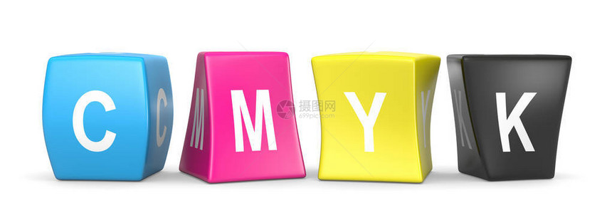 CMYK颜色变形有趣的立方体与文本3D插图片