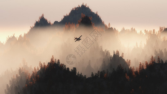 私人飞机在烟雾中的秋天图片