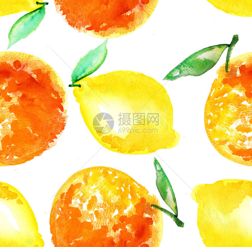 水彩橙色和柠檬水果插图柑橘天然手绘无缝图案简单的乡村风格成熟的水图片