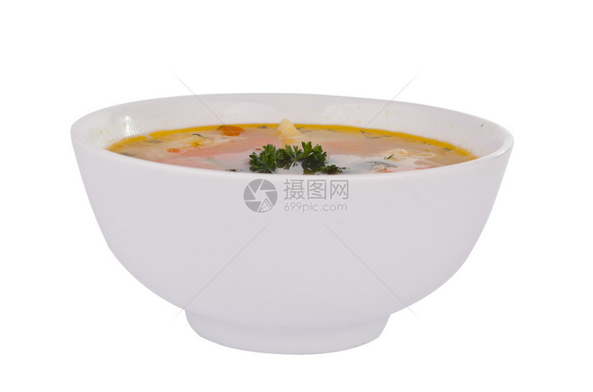 一碗汤在白色背景下被隔离图片