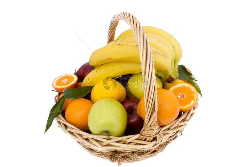 食品水果篮子与孤立的白色背景图片