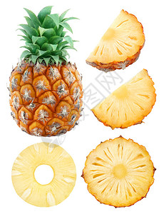 整片菠萝和碎片在白色上与背景图片