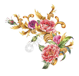 水彩金色巴洛克花卉卷曲与盛开的花朵图片