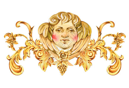 手绘金脸丘比特卷轴葡萄玫瑰孤立在白色背景上的叶子图片
