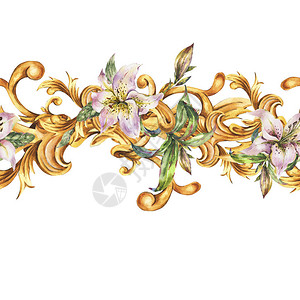 水彩巴洛克式无缝边框与白色皇家百合手绘金卷轴花叶复古设计系列图片