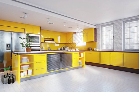 现代黄色厨房室内3D图片