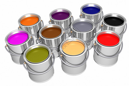 卡尔斯巴德油漆罐中的彩色墨水在白色的3D设计图片