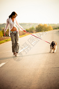 青年女子与狗一起在路上行图片