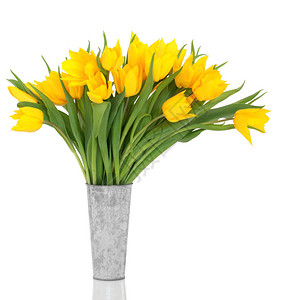 黄色郁金香花在铝花瓶里图片