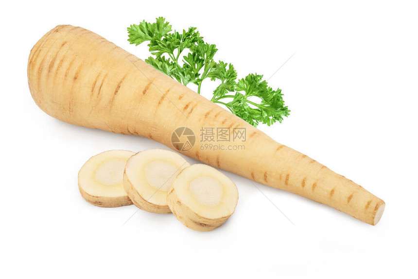 Parsnip根和切片在白色背景与图片