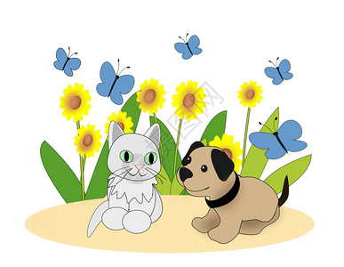 一只小狗和一只猫坐在花边图片