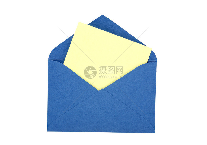 蓝纸信封中的空白黄纸白纸隔绝图片