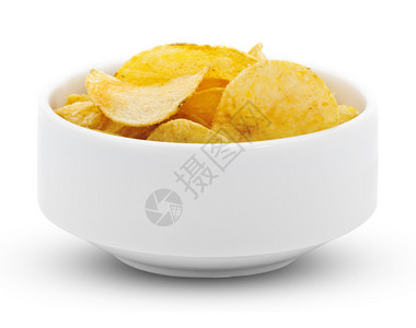 白瓷碗中的黄薯片图片