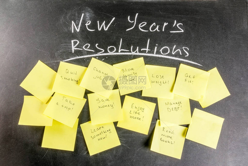 新年决议带粉笔的黑板背景和带有流行新年决议的彩色便图片