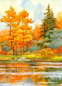 湖畔秋木水色景观图片