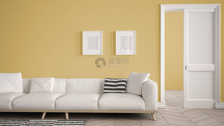 带白色沙发和地毯的现代带开门的黄色墙壁背景人字形镶木地板带复制空间的模板背景图片