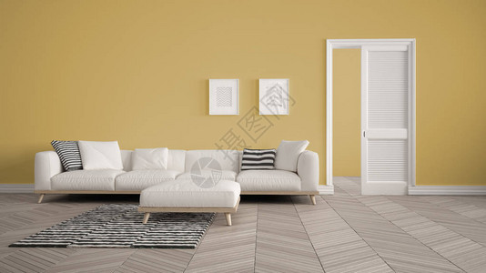 带白色沙发和地毯的现代带开门的黄色墙壁背景人字形镶木地板带复制空间的模板背景背景图片