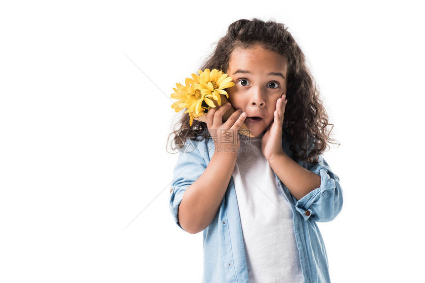 震惊的非洲美裔女孩拿着华夫饼果子与鲜花并观看白色图片