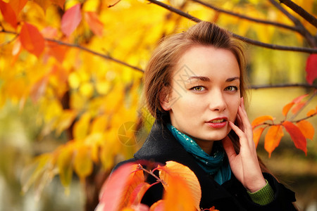 美丽的女人的秋天肖像图片