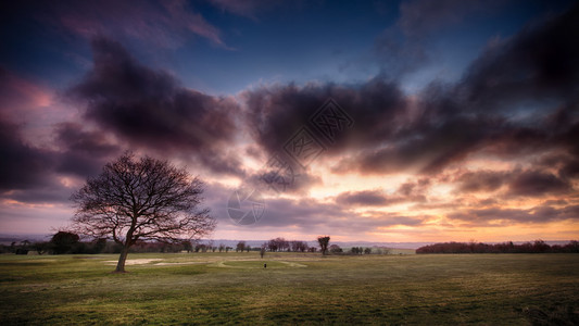 高尔夫球场风景与红日图片