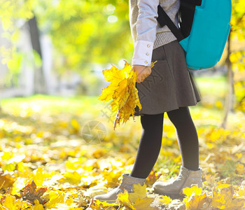 回到学校穿着校服和时尚蓝色书包的小学生女孩在秋季背景图片