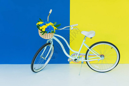 蓝色和黄色背景篮子鲜花的女自图片